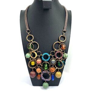 Multicolor Statement Bib Necklace With Interconnected Rings Bronze/Green/Purple